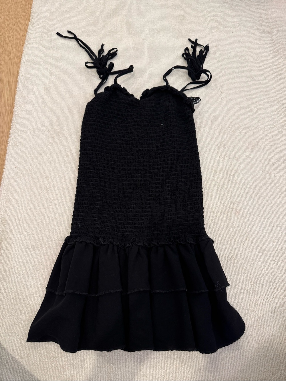 Black Smocked Ruffle Hem Sundress with Tie Straps